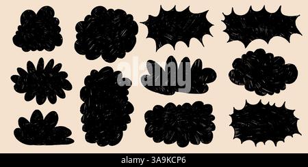 Schwarze Chat-Blasen mit wellenförmigen Grunge-Kanten. Handgezeichnete bunte Sprachklingeln. Chatboxen auf gelbem Hintergrund isoliert. Comic-Textfelder für abstrakte Comicbücher Stock Vektor