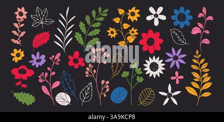 Garten-Set handgezeichneter Pflanzen mit leuchtenden Farben und dezenter Grunge-Textur. Bleistiftzeichnungen einer Wiese. Vintage Natur einfache Elemente Stock Vektor