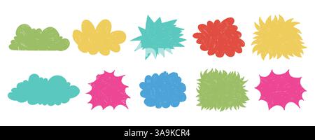 Bunte Chatblasen mit gewellten Grunge-Kanten. Handgezeichnete bunte Sprachklingeln. Chatboxen auf gelbem Hintergrund isoliert. Comicbuch abstrakter Text Stock Vektor