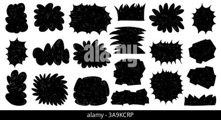 Chatte mit welligen Grunge Edges. Handgezeichnete bunte Sprachklingeln. Chatboxen auf gelbem Hintergrund isoliert. Comic-Textfelder für abstrakte Comicbücher. Stock Vektor