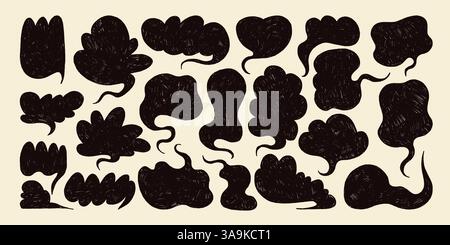 Sammlung von Chat-Blasen mit gewellten Grunge-Kanten. Handgezeichnete bunte Sprachklingeln. Chatboxen auf gelbem Hintergrund isoliert. Comic-Abstract Stock Vektor