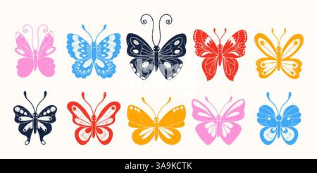 Set mit niedlichen handgezeichneten Dekorative Schmetterlingen. Einfache und moderne Buntstiftzeichnungen von Insekten. Bunte Käfer und Pflanzen isoliert auf weißem Hintergrund Stock Vektor