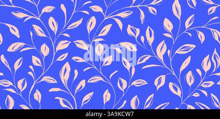 Handpinsel nahtloses Muster mit Botanical Ink Branches with Leaves. Einfache Silhouetten von Pflanzen mit Grunge-Textur. Das Design ist perfekt zum Einwickeln Stock Vektor