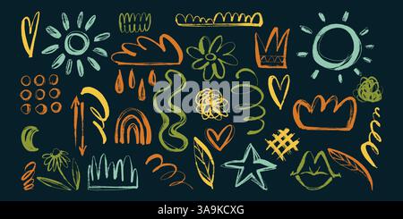 Buntes Set mit Grunge Charcoal und Bleistift Girly Sketches. Handgezeichnetes Design mit Kritzelformen. Kreatives, verspieltes Banner mit abstrakten Graffiti-Elementen Stock Vektor