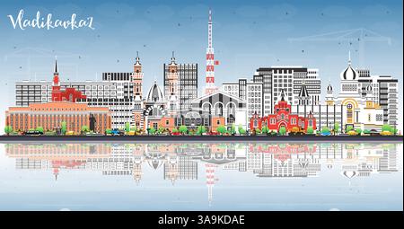 Wladikawkaz Russland City Skyline mit farbigen Gebäuden, blauem Himmel und Reflexionen. Vektorabbildung. Wladikawkaz Stadtbild mit Wahrzeichen. Stock Vektor