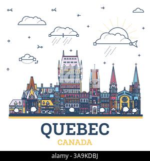 Umreißen Sie die Skyline der kanadischen Stadt Quebec mit farbigen modernen und historischen Gebäuden, die auf weiß isoliert sind. Vektorabbildung. Québec Stadtbild mit Wahrzeichen. Stock Vektor