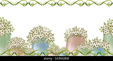 Nahtloser Rand der botanischen Blumentabelle mit weißen Blumen in Pastellvasen, eingerahmt mit grünen Vignetten, Blumen. Perfekte Aquarellgrafik Stockfoto