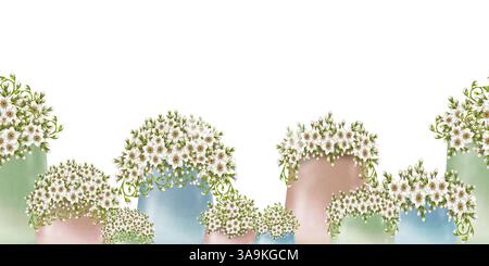 Nahtloser Rand der botanischen Blumentabelle mit weißen Blumen in Pastellvasen, eingerahmt mit grünen Vignetten, Blumen. Perfekte Aquarellgrafik Stockfoto
