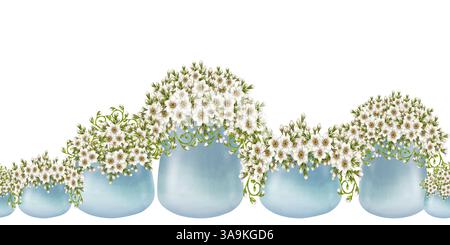 Nahtloser Rand der botanischen Blumentabelle mit weißen Blumen in Pastellvasen, eingerahmt mit grünen Vignetten, Blumen. Perfekte Aquarellgrafik Stockfoto