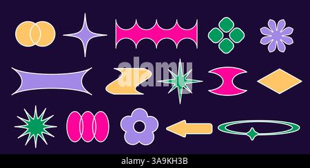 Set aus bunten Formen und Rahmen im y2k-Stil – Sterne, Blume, ovale, spitzer Bogen, geschwungene Diamantelemente. Helle geometrische Retro-Figuren mit minimalem flachen Design, funkige Füllungen für Grafikprojekte. Stock Vektor