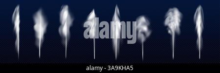 Set mit 3D-Geysir-Springbrunnen - verschiedene weiße Dampfdüsen und Sprays isoliert auf dunklem Hintergrund. Realistischer Wasserdampf, Rauchfahnen, nebelige Gaswolken, durchscheinende Dunstelemente für Konstruktionsprojekte. Stock Vektor