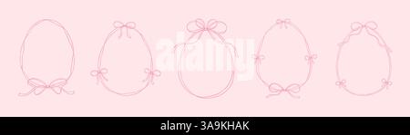 Set handgezeichneter, skurriler rosafarbener Rahmen mit niedlichen Schleifen. Ostereier-Form-Doodle-Zeichnung. Designelement für Eierjagd, Restaurantmenü, Party in Stock Vektor