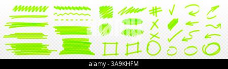 Markierungskonturen festlegen – von Hand gezeichnete grüne Linien, Kreise, Rechtecke, Unterstriche und Häkchen, Hashtag. Stifte mit Filzstiften für Korrektur, Hervorhebung und Auswahl. Stock Vektor
