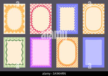 Retro-Satz von Rahmen mit gewellten Kanten, die auf schwarzem Hintergrund isoliert sind. Vektor-Zeichentrickillustration von Jakobsmuscheln-Grenzen mit Farbe gestreift, kariert, Doodle Art Design für rechteckige und ovale Form Poster Stock Vektor