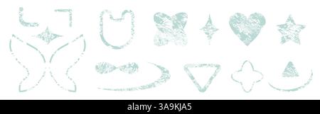 Körnige Formen, isoliert auf weißem Hintergrund. Vektor-realistische Illustration von türkisfarbenen Herz-, Blume-, Stern-, Schmetterlingsfiguren mit Farbrauschtextur, y2k-Halbtonsymbolen, Fotokopiereffekt Stock Vektor