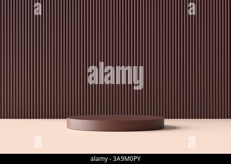 Minimalistischer abstrakter Hintergrund mit braunem rundem Podium vor der gerippten Wand, beleuchtet mit weichem Licht für die Produktpräsentation. 3D-Rendering. Stockfoto