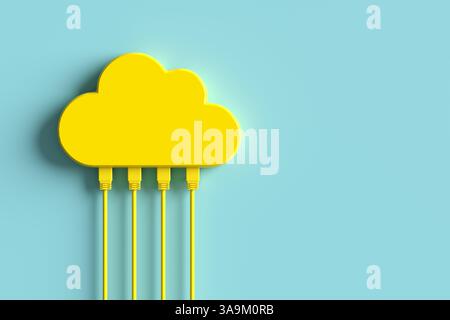 Gelbe Netzwerkkabel, die an einer gelben Cloud-Computing-Form auf einem hellblauen Hintergrund hängen, stellen Cloud-Speicher und -Konnektivität dar. 3D-Rendering. Stockfoto