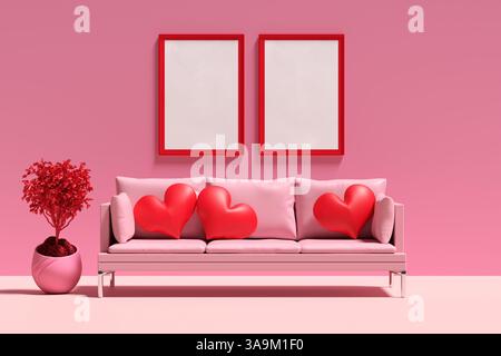 Minimalistisches rosafarbenes Interieur mit Sofa, herzförmigen Kissen und zwei leeren Bilderrahmen ist perfekt für Valentinstag. 3D-Rendering. Stockfoto