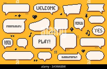 Pixel-Dialogfelder. Sprachblasen im 8-Bit-Y2K-Stil mit einigen winzigen dunklen Elementen. Stock Vektor