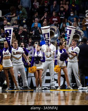 März 30 2025 Spokane WA U.S.A. LSU Cheerleader auf dem Platz während des NCAA Women's Basketball Regional Elite Acht Spiel eins zwischen LSU Lady Tigers und der UCLA Bruins. UCLA besiegte LSU 72-65 in der Spokane Veterans Memorial Arena, Spokane, WA. Thurman James/CSM (Bild: © Thurman James/Cal Sport Media) Stockfoto