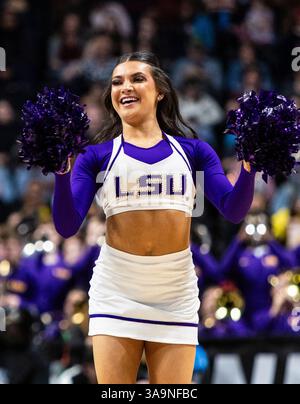 März 30 2025 Spokane WA U.S.A. LSU Cheerleader auf dem Platz während des NCAA Women's Basketball Regional Elite Acht Spiel eins zwischen LSU Lady Tigers und der UCLA Bruins. UCLA besiegte LSU 72-65 in der Spokane Veterans Memorial Arena, Spokane, WA. Thurman James/CSM (Bild: © Thurman James/Cal Sport Media) Stockfoto