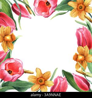 Quadratischer Rahmen mit gelben Narzissen, Narzissen, rosa Tulpen, Knospen und Blättern. Handgezeichnete botanische Aquarellillustration isoliert auf weißem Hintergrund Stockfoto