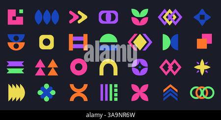 Farbenfrohe abstrakte geometrische Formen. Brutalistische, zeitgenössische, groovige Formen, y2k Design Elements Kollektion. Funky geometrische Minimalfiguren und Stock Vektor