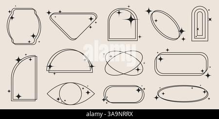 Minimal Ästhetisches Y2k Sparkle Frames Set. Trendige, moderne Linienrahmen für soziale Medien, Banner, Poster und Cover. Stock Vektor