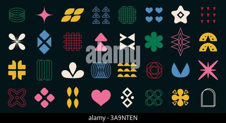 Trendiges Set aus farbenfrohen geometrischen Formen. Brutalistische, zeitgenössische, groovige Formen, y2k Retro Design Elements Kollektion. Funky geometrische Minimalfiguren und Stock Vektor