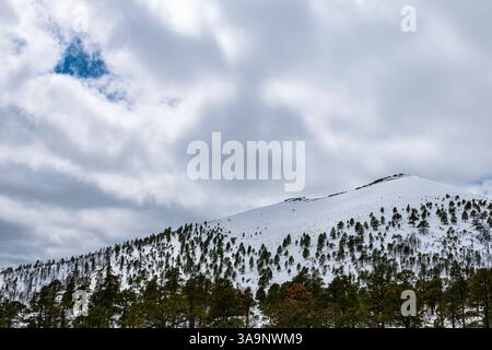 Dieses atemberaubende Bild fängt die ruhige Schönheit des schneebedeckten Ascherkegels am Sunset Crater Volcano National Monument in Arizona, USA, ein Stockfoto
