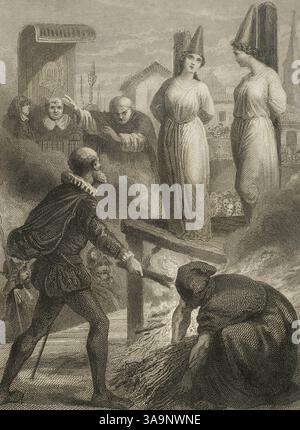 Spanische Inquisition. Auto-de-fe 1581 in Valladolid. Ein Gentleman in der Stadt Valladolid verurteilte seine beiden Töchter, weil sie Luthers Lehre folgten. Sie wurden vom Heiligen Amt inhaftiert und in Kerkern eingesperrt. Die Mönche versuchten vergeblich, sie in den Katholizismus zurückzubringen. Als ihr Vater die Sinnlosigkeit der Situation sah, forderte er die Richter auf, seine Töchter zu verurteilen und sie zum Tode zu verurteilen, und er selbst war es, der das Holz Schnitt, um sie in Brand zu setzen. Kupferstich von J. Furnó. Historia de las persecuciones Políticas y religiosas en Europa Stockfoto