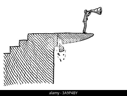 Freihändige Zeichnung eines Geschäftsmannes, der in die ferne Zukunft blickt und aktuelle Risiken übersieht. Metapher für schwache Führung, mangelndes Geschäftsgefühl Stockfoto