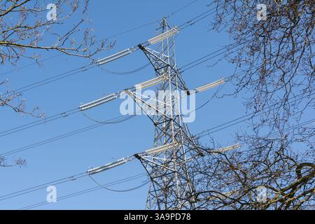 Nahaufnahme des Hochspannungs-Pylons und der Stromleitungen des National Grid Stockfoto