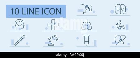 Symbol für medizinisches Set. Psychische Gesundheit, Thermometer, Lungen, Behinderte, Diagnose, Temperatur, Schutz, Gehirn, Test, Labor, Immunität, Gesundheitswesen, Unterstützung, an Stock Vektor