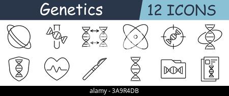 Symbol „Genetik-Set“. Orbit, Probe, Sequenz, Atom, Fokus, Helix, Schutz, Heartbeat, Skalpell, Ordner, Genom, Form Stock Vektor