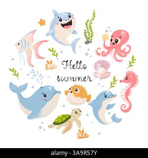 Hallo Sommer-Poster mit niedlichen Zeichentricktieren im Kreis Stock Vektor