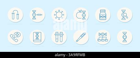 Symbol für Medizinset. DNA, Reagenzglas, Virus, Lebensmittel, Ernährung, Analyse, Impfstoff, Flasche, Bericht, Telefon, Beratung, Thermometer, Genetik, Gesundheitswesen, Stock Vektor