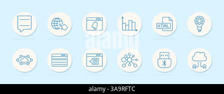 Symbol für Technologieset. Benachrichtigung, Web, Cloud, Netzwerk, Analyse, Dokument, HTML, Innovation, Schnittstelle, Freigabe, Synchronisierung, Bluetooth, Idee, Kommunikation Stock Vektor
