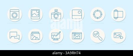 Symbol für Fotobearbeitungs-Set. Galerie, Bild, Kamera, Rahmen, Ziel, Rolle, Kommentare, Zeichnen, Webseite, Verifizierung, Hand, Fokus, Fotografie, digital, Vergrößerung Stock Vektor