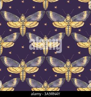 Nahtloses Aquarellmuster mit Totenkopffaltern mit goldenen Sternen auf dunklem Hintergrund. Perfekt für Textilien und Tapeten Stockfoto