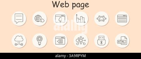 Symbol "Webseite festlegen". Chat, Klick, Glocke, Diagramm, Cloud, Form, Sync, Idee, Zahnrad, Knoten, bluetooth, HTML-Datei. Stock Vektor