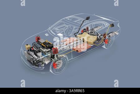 Hybrid-generisches Cutaway-3D-Rendering mit allen wichtigen Details des Hybridfahrzeugsystems im Geistereffekt. Perspektivische Vogelperspektive auf weiß Stockfoto