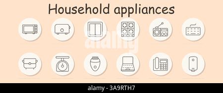 Symbol für Geräteeinstellung. Mikrowelle, Toaster, Schalter, Herd, Radio, Tastatur, Herd, Waage, Epilierer, Laptop, Telefon, Heizkessel, illustrierende Technik, Werkzeuge, Zuhause Stock Vektor