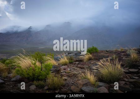 Swartberg Mountains in wilden und windigen bewölkten Bedingungen. In der Nähe von Klaarstroom und de Rust. Westkap. Südafrika Stockfoto