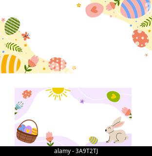 Farbenfrohe Osterfeier mit dekorierten Eiern und einem fröhlichen Häschen im Frühling Stock Vektor