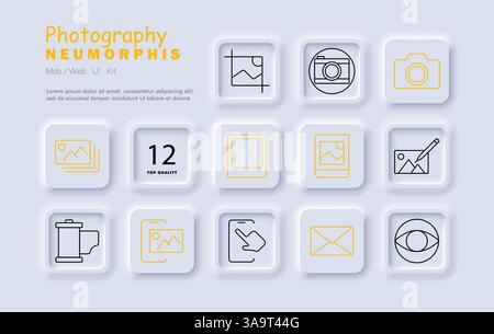 Symbol für Fotoset. Kamera, Zuschneiden, Galerie, Bild, Fotobuch, bearbeiten, Film, Smartphone, Ansicht, Rahmen, Botschaft, Auge, visuelle Inhalte Stock Vektor