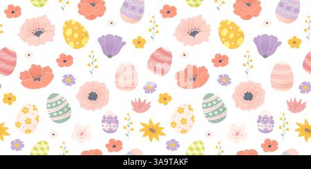 Ostermuster mit bunt verzierten Eiern und Blumen. Vektorhintergrund in Pastellfarben Stock Vektor
