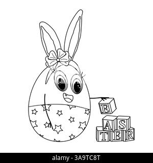 Schwarz-weiße Malseite mit einer niedlichen anthropomorphen Figur für Ostereier mit Hasenohren und Schleife, die Kinderwürfel mit der Schreibweise OSTERN stapelt. Stock Vektor