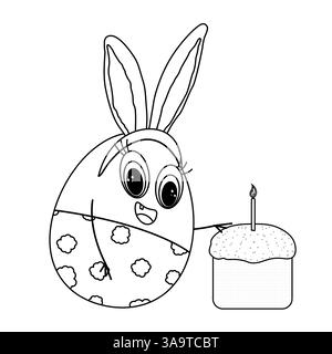 Schwarz-weiße Ostermalseite mit einer fröhlichen anthropomorphen Ostereifigur mit Hasenohren, die ein Stück von einer Ostertorte nehmen. Stock Vektor
