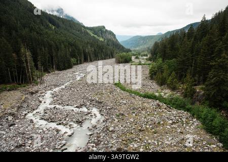 Rocky Riverbed in einem Bergtal mit Evergreen Forest Stockfoto